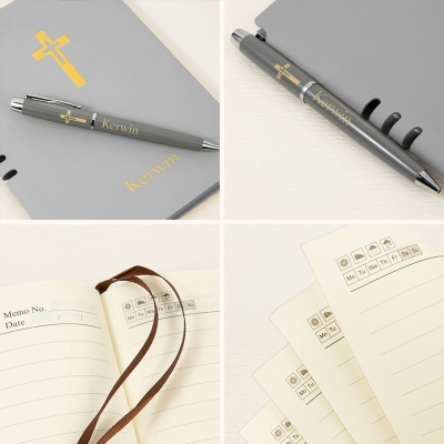 Personalized Name Cross Notebook, Leather Journal with Ribbon Bookmark & Pen, Travel Diary, Birthday/Easter/Christmas Gift for Christian/Pastors