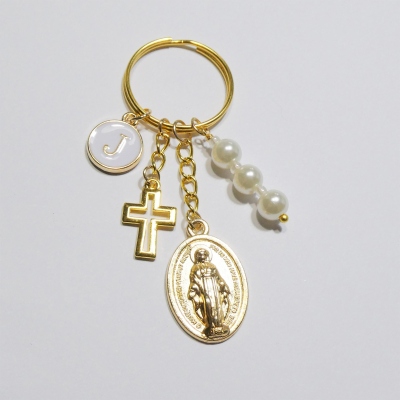 Custom Initial Cross Virgin Mary Charm Keychain with Pearls, Catholic Protection Keyring, Bag Accessory, Baptism/Christmas Gift for Family/Friends