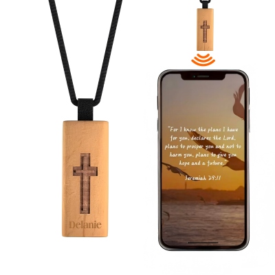 Personalized NFC Bible Pendant, Customized Name Wooden Cross Necklace, Engraved Name, Gift for Christians, Church Gift