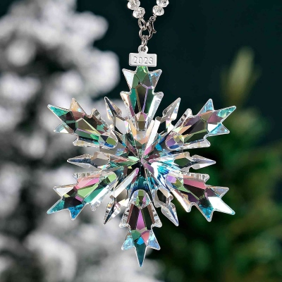 2025 Christmas Decoration Crystal Snowflake Star, Clear Multicolor Faceted Crystal Tone Metal Decoration and Artificial Silk Ribbon - New Year Christmas Tree Decoration Wedding Party Window Hanging Ornaments