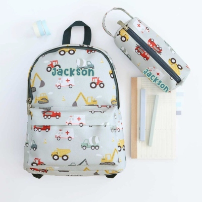 Custom Kids Backpack Set with Lunch Bag, Pencil Case, and Water Bottle – Personalized Name School Bag for Boys & Girls, Vehicle, Animal, Dinosaur, or Rainbow Design, Best Back to School Gifts