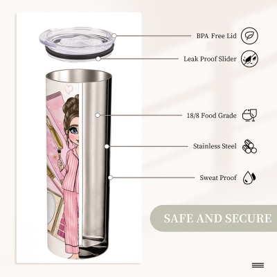 Personalised Love Makeup Lady in Pyjamas & Pink Cosmetics 20oz Straight Tumbler,Pajama Party Gifts
