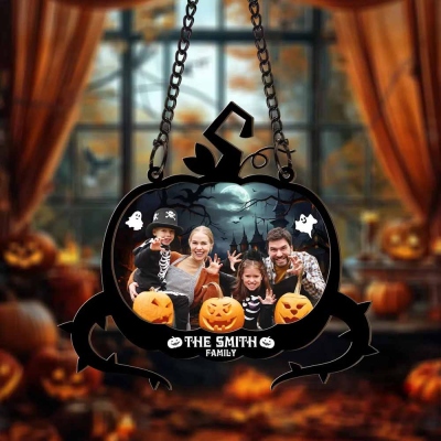 Personalized Name & Photo Spooky Pumpkin Suncatcher Ornament, Family Portrait Memorial Ornament Window Hanging, Halloween Gift for Mom/Dad/Family