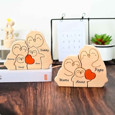 Personalized Penguin Family Puzzle with 2-5 Names, Wooden Custom Family Member Names Puzzle, House Warming Decor, Christmas Gift for Mom/Dad/Family