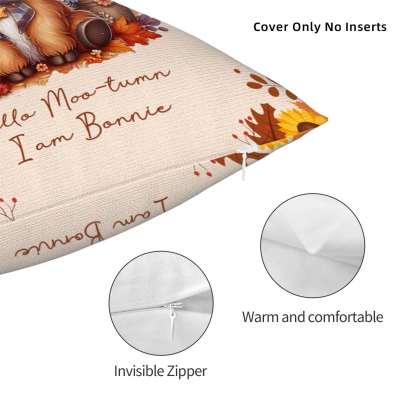 Personalised Autumn Highland Cow Pumpkins Soft Throw Pillow, Thanksgiving Pillow with Name, Thanksgiving Gift for Kid Woman, Home Decor