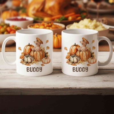 Custom Fall Pumpkins Dog Mug, Personalized Name Coffee Cup with Coaster, Thanksgiving Birthday Gift for Dog Owner Lover