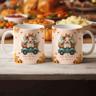 Personalised Autumn Highland Cow Pumpkins Mug, Thanksgiving Coffee Cup with Coaster and Name, Thanksgiving Gift for Highland Cow Lover