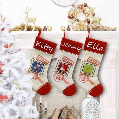 Personalized Embroidered Name Christmas Stocking, Knitted Family Stamp Design Stocking, Winter Holiday Home Decor, Christmas Gift for Family/Kids