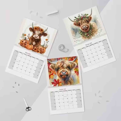 Highland Cow 12 Months Calendar 2026, Watercolor Monthly Wall Calendar, Home Decor, Birthday/Christmas Gift for Highland Cow Lovers/Farmers/Family