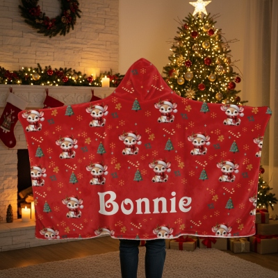 Personalized Christmas Cartoon Animals Soft Hooded Blanket with Name, Multicolor Christmas Hooded Blanket, Christmas Gift for Kids