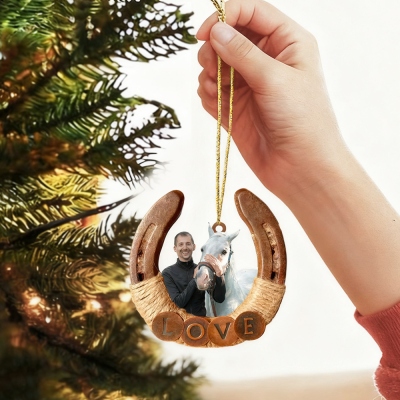 Personalized Name & Photo Horseshoe Christmas Ornament, Custom Portrait Hanging Holiday Decor, Christmas Gift for Horse Lovers/Riders/Equestrians