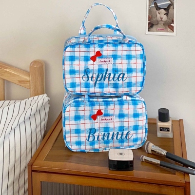 Personalized Name Blue Plaid Handbag with Bow, Multi-Compartment Makeup Organizer, Travel Makeup Bag, Christmas/Birthday Gift for Her/Girls/Daughters