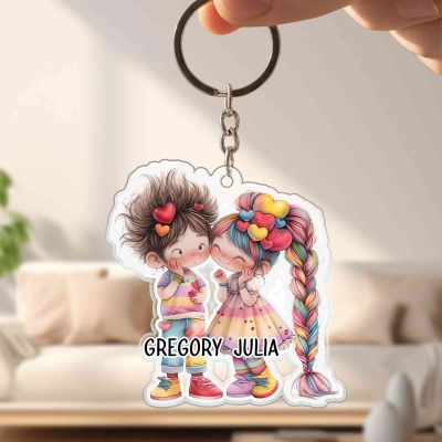 Personalized Quirky Cartoon Couple Love Heart Keychain with Names, Acrylic Keyring, Bag Charm, Anniversary/Valentine's Day Gift for Her/Him/Couple