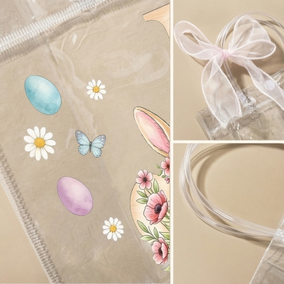 Personalized Name Floral Bunny Alphabet Easter Gift Bag with Pink Bow Ribbon, PVC Clear Easter Egg Hunt Bag, Easter Gift for Kids/Girls/Boys