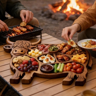 Charkuteribräda av höglandskon med graverat namn, serveringsbräda i trä med flera fack, kökstillbehör, inflyttningspresent till familjen