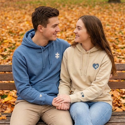 Personalized Initial Embroidered Heart and Puzzle Couple Shirt, Multicolor Crewneck Sweatshirt/Hoodie, Anniversary/Valentine's Day Gift for Him/Her