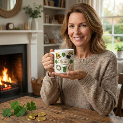 Mug vert personnalisé pour la Saint-Patrick, en céramique, 325 ml (11 oz) avec trèfle porte-bonheur, arc-en-ciel et or, cadeau idéal pour la Saint-Patrick pour la famille et les amis irlandais.