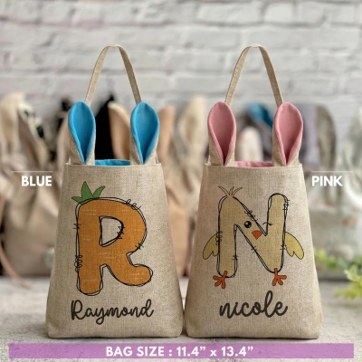 Personlig påskharepåse med namn, påskäggjaktspåse i bomullslinne med kaninöron, vårfestgåva, påskpresent till barn/pojkar/flickor