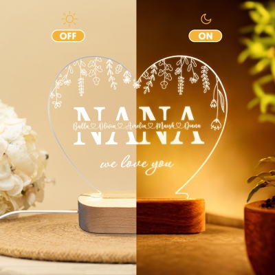 Personalized Family Names Heart Shaped LED Night Light, Acrylic Night Lamp with Wooden Base, Birthday/Mother's Day Gift for Mom/Grandma/Family