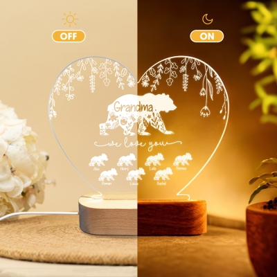 Personalized Floral Bear Family Heart Night Lamp with Names, Night Light with Wooden Base, Home Decor, Birthday/Mother's Day Gift for Family/Mom