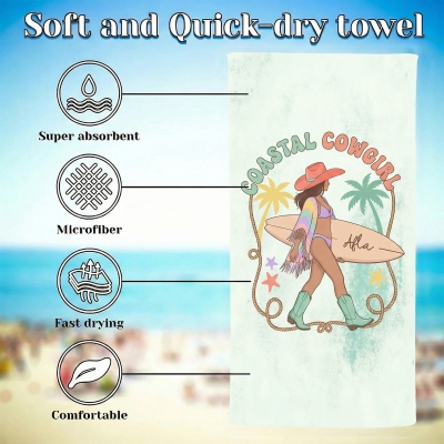 Personalized Name Boho Flirty Cowgirl Beach Towel, Quick Dry Microfiber Sand Towel, Summer Vacation/Beach Party Favor, Birthday Gift for Besties/Girls