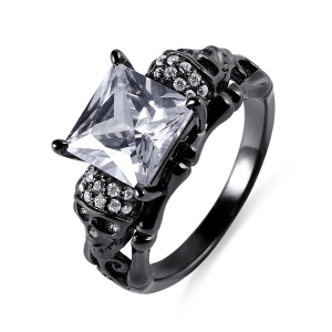 Skull Ring With Square Birthstones In Black Plated Silver