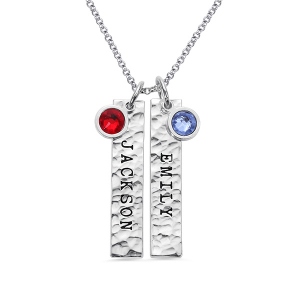 Engraved Hammered Bar Necklace with Birthstones Pure Silver