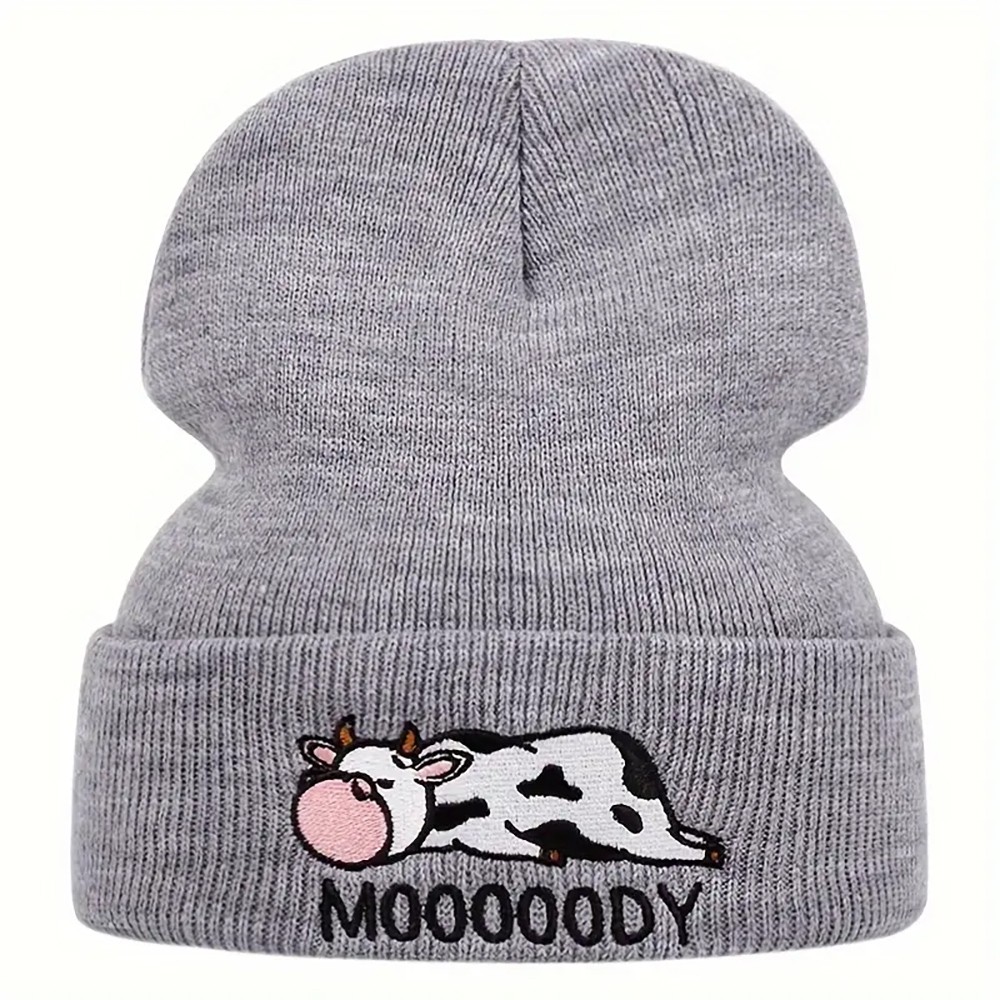 Cute Cow Embroidery Graphic Beanie Solid Color Elastic Skull Cap Lightweight Knitted Cap Cuff Beanie Hat Women Daily Use