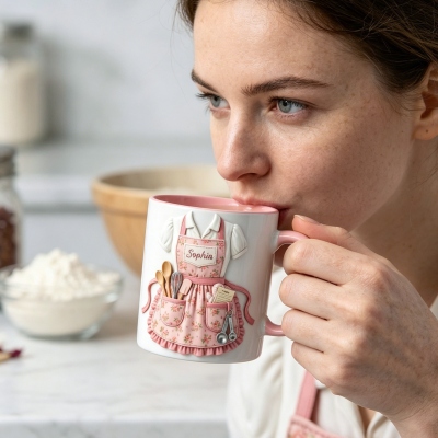 Personlig 3D-blommig matlagningsmugg med namn, keramisk kockdekoration, kaffemugg med varm choklad och realistiska tillbehör, mors dag-present till bakning, mamma