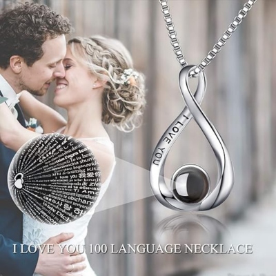 Personalized Photo Engraved Projection Infinity Necklace, I Love You in 100 Languages Picture Inside Jewelry, Anniversary Gift for Mom/Grandma/Couple