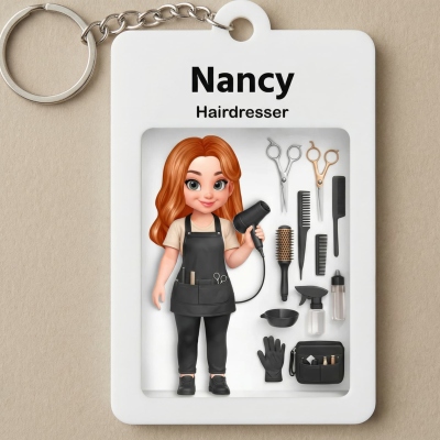 Personalized Hairdresser Cartoon Keychain with Name, Acrylic Barber Salon Pendant, Employee Appreciation/Birthday Gift for Stylists/Hairdressers/Women