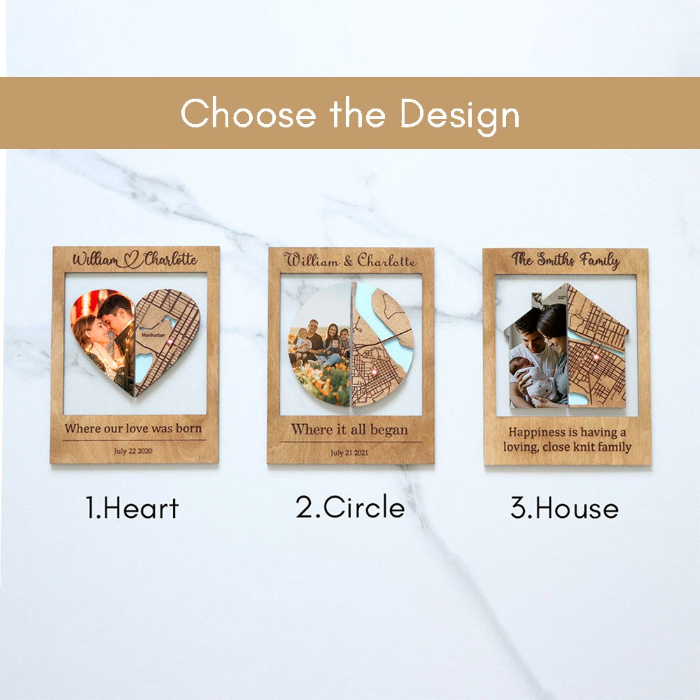 Personalized Couple Map Photo Frame, Map of Where We Met Frame, Wooden