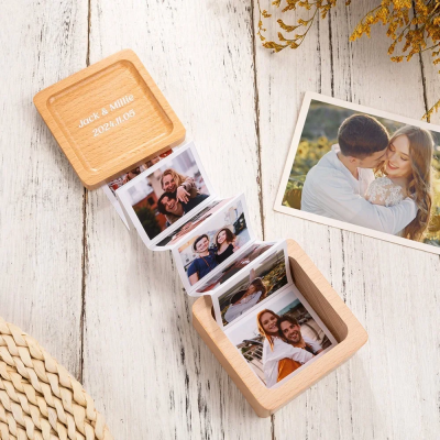 Custom Wooden Pull Out Photo Album Memory Box with Text, Accordion Photo Box, Anniversary/Christmas Gift for Family/Friends/Lover