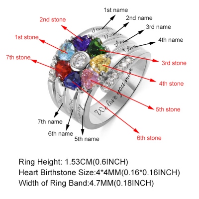 Personalized Heart Birthstone Ring With Engraving Silver