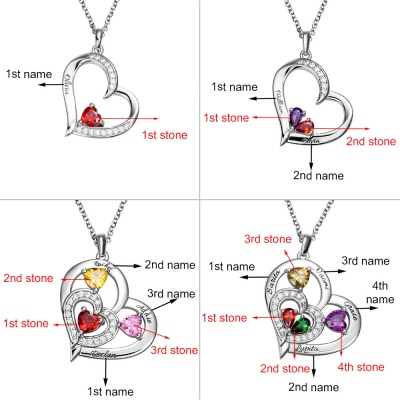Heart-shaped Birthstone Family Necklace with Customized 1-10 Names