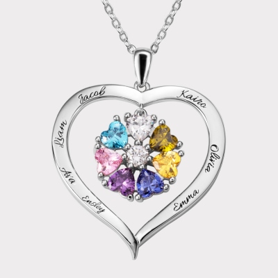 Personalized 7 Heart Birthstones Necklace with Engraving in Silver
