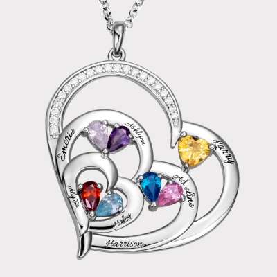 Custom 7 Heart-shaped Birthstones & Names Family Necklace