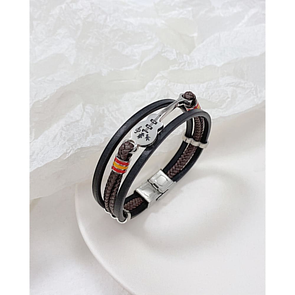 Bracciale In Pelle Uomo Punk A Tema Chitarra – Regalo Per Musicisti, Insegnanti Di Musica – Multistrato Avvolgibile Con Fibbia Metallica