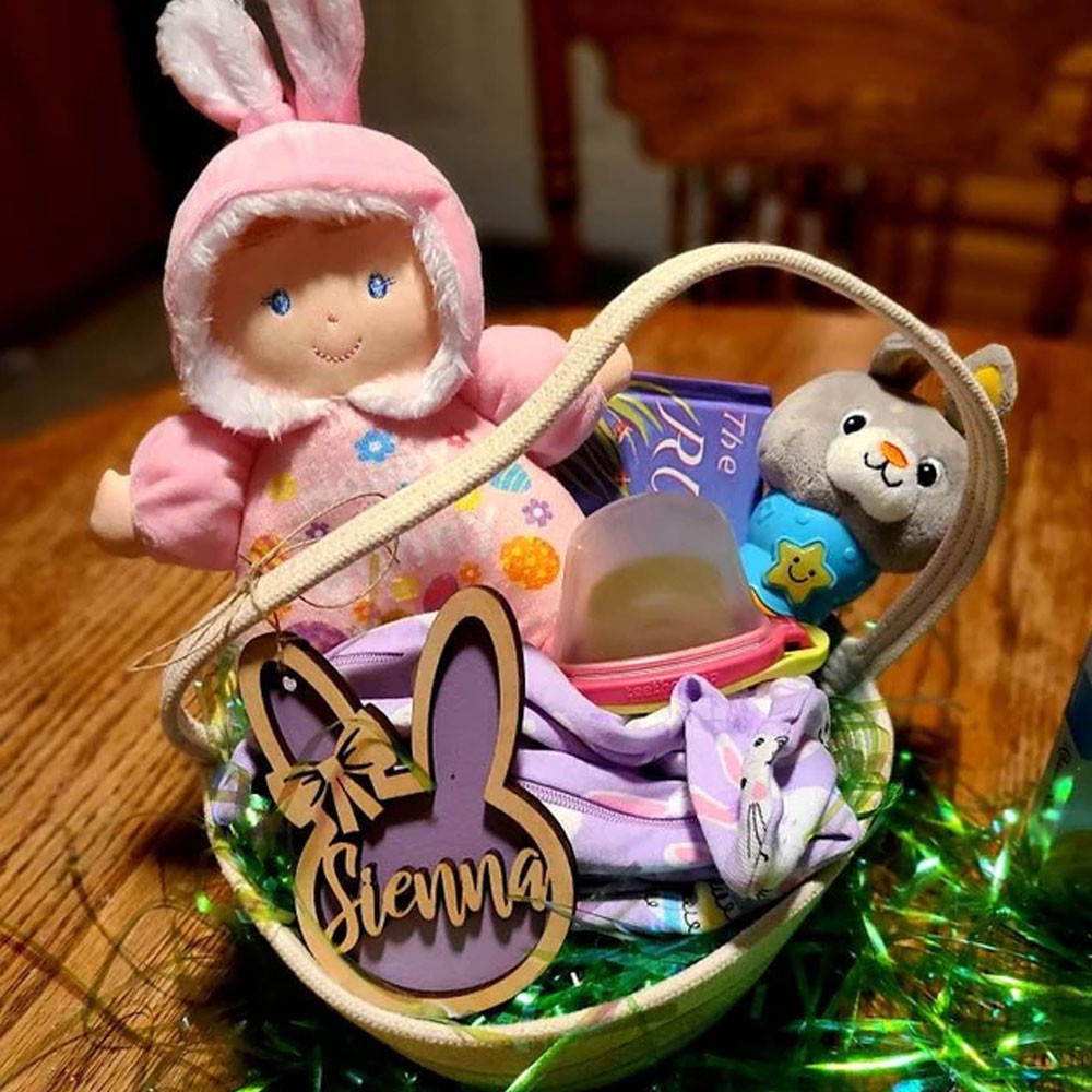 Personalized Bunny Easter Basket Tag, Custom Easter Place Card Name, Easter Basket Name Charm