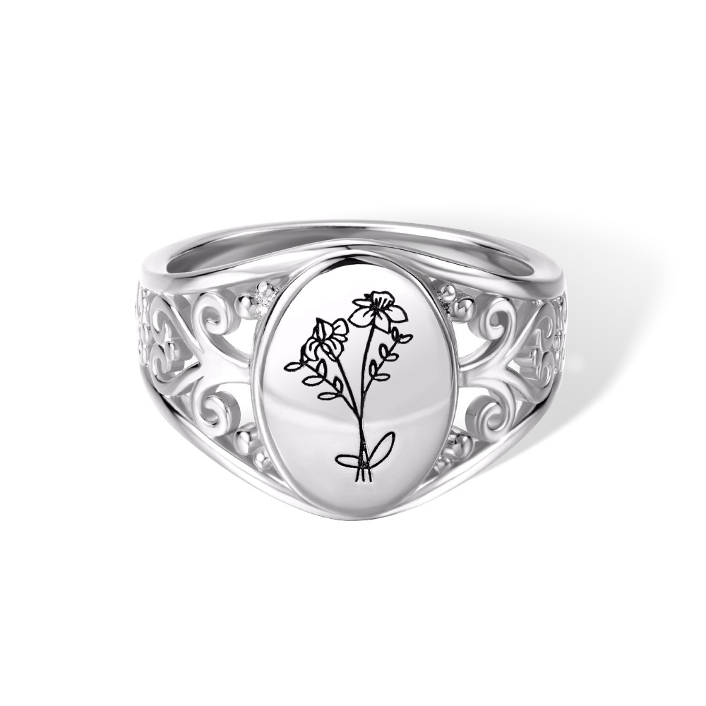 Personalized Birth Flowers Ring, Custom Birthflowers Family Ring, Sterling Silver 925 Bouquet Ring, Engraved Ring for Women, Gift for Mom/Grandma/Her