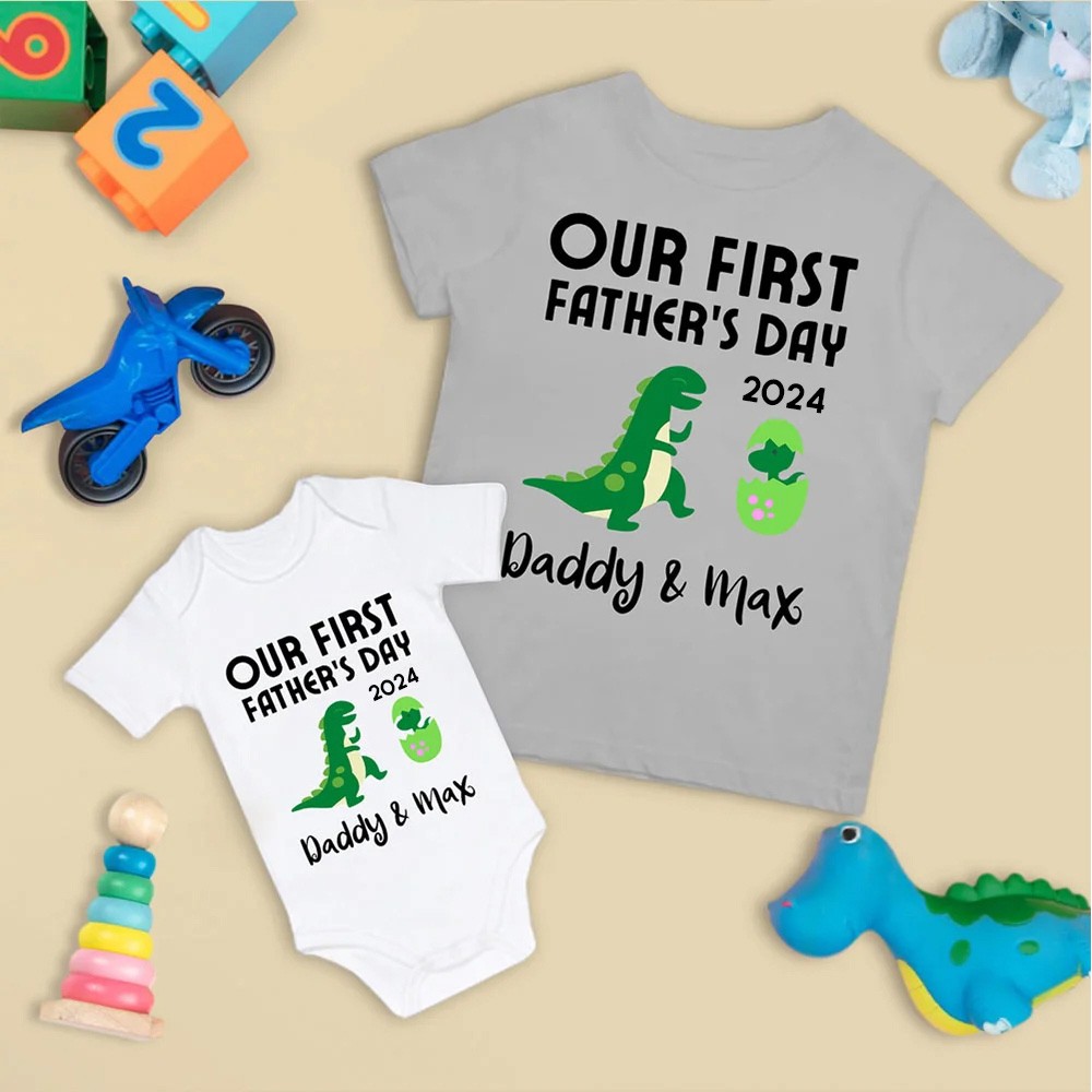 Custom Tyrannosaur T-shirt, ons eerste vaderdagshirt, familiecadeau, katoenen bijpassende shirt, vaderdagcadeau, cadeau voor papa/baby