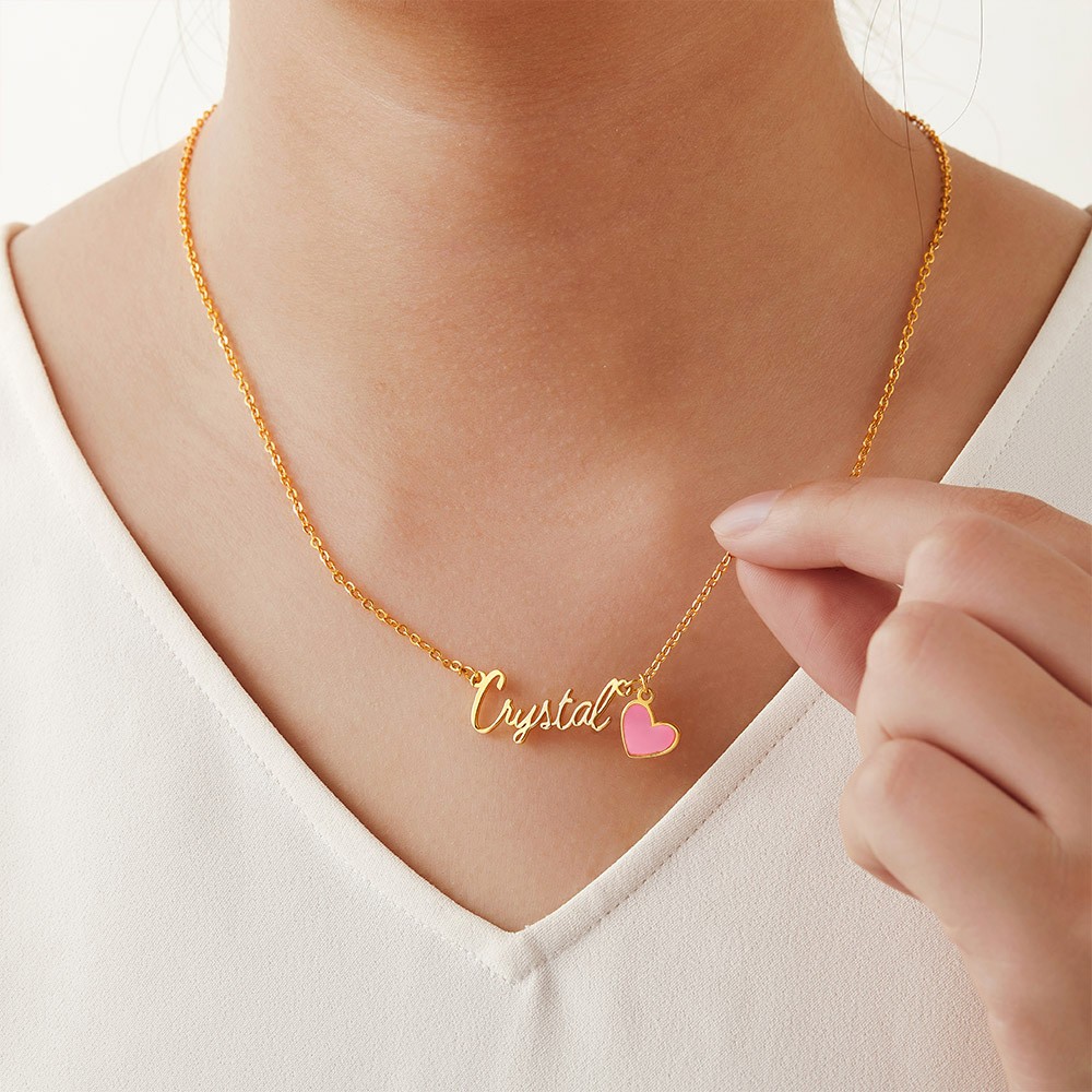 Personalized Name Necklace with Pink Heart, Barbi Name Necklace, Sterling Silver 925 Women's Jewelry, Birthday/Anniversary Gift for Her/Lover/Friends