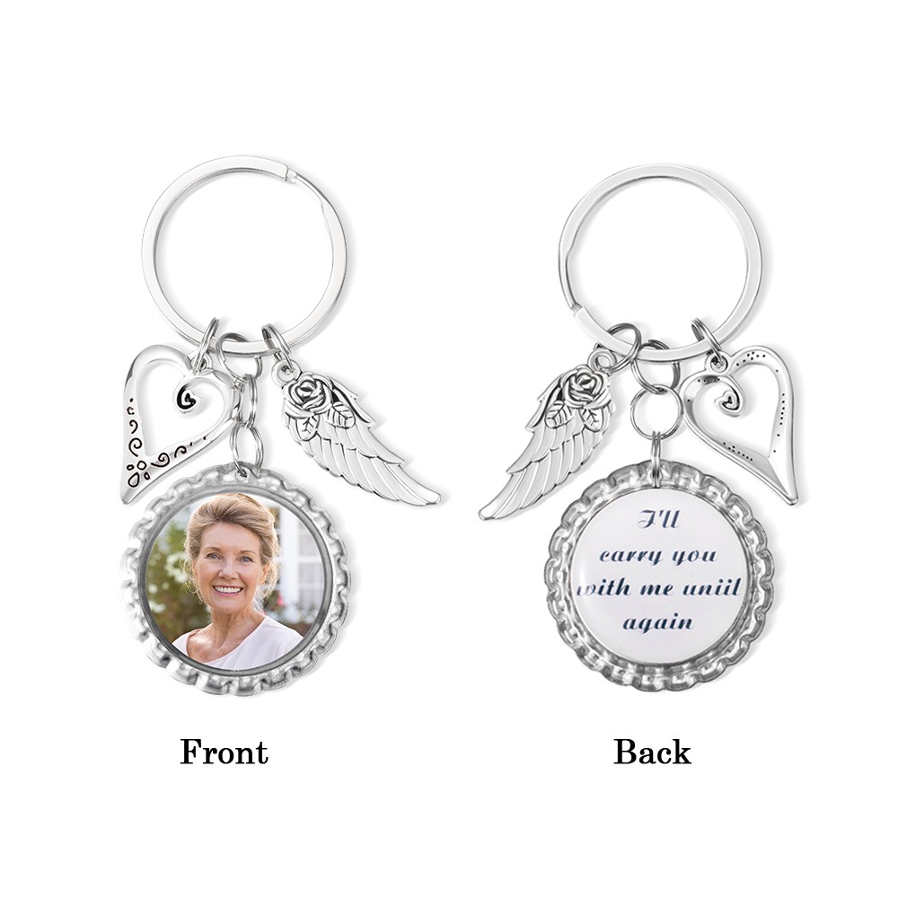 Gepersonaliseerde foto kleine schijf sleutelhanger met vleugels, hart charme sleutelhanger, Memorial sleutelhanger, sympathie geschenk, rouw geschenk, cadeau voor haar/familie