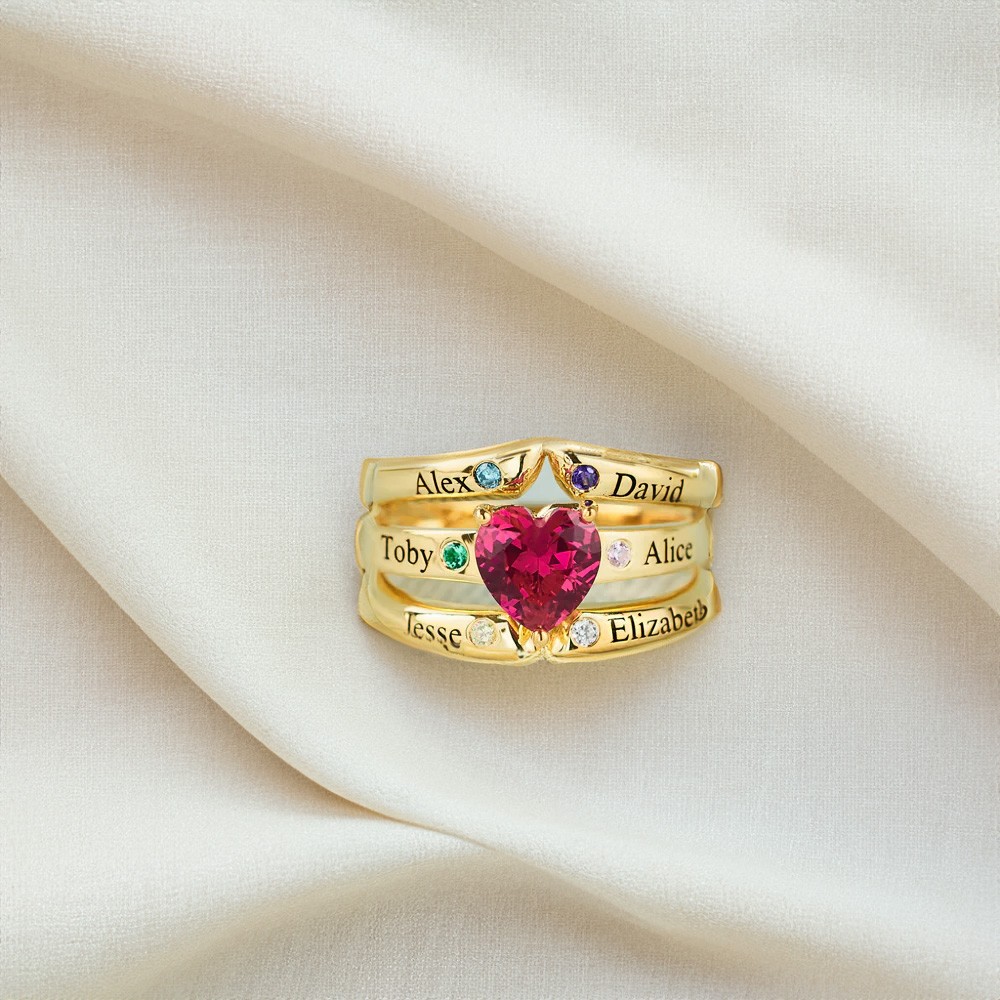 Custom Heart Birthstone Name Ring, Family Multi-Band Ring, Sterling ...