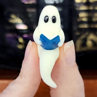 Pet Ghost Reading a Book, Miniature Shelf Sitter Figurine, Handmade Halloween Decoration, Spooky Cute Glow in the Dark