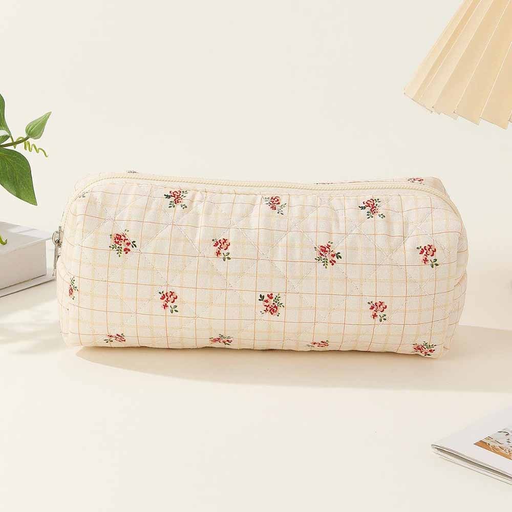 Personalized Name Plaid Floral Quilted Cotton Pencil Case, Cute Creamy Blue Cosmetic Bag, Small Capacity Makeup Bag, Embroidered Makeup Bag
