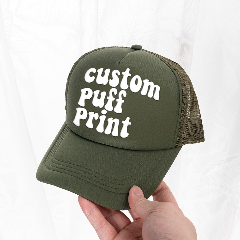 Trucker-Mütze mit PUFF-Print, personalisierte Schaumstoffmütze, 3D-Puff-Print, Baseball-Kappe, Trucker-Mütze mit Netzrücken, 5-Panel-Mütze