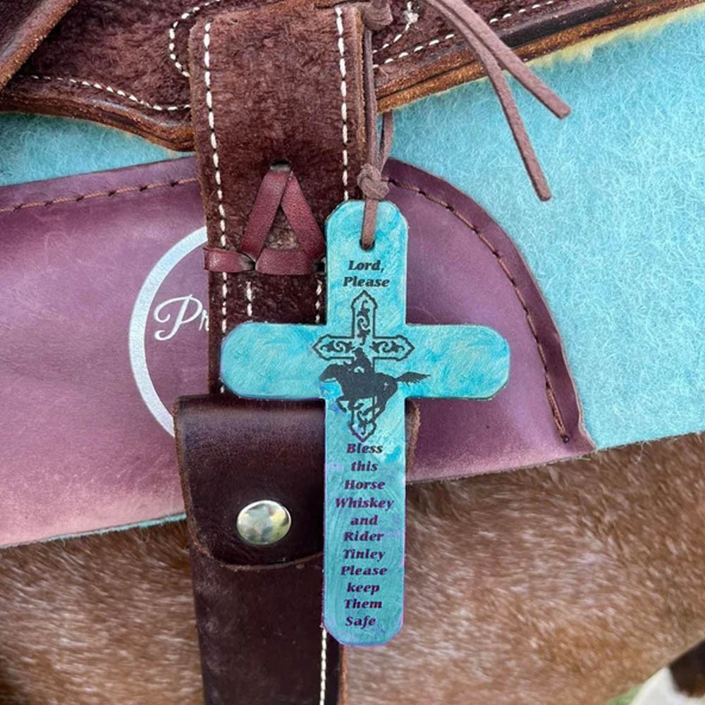 Personalized Name Laser Engraved Horse and Rider Safety Prayer Leather Cross, Cross Keychain