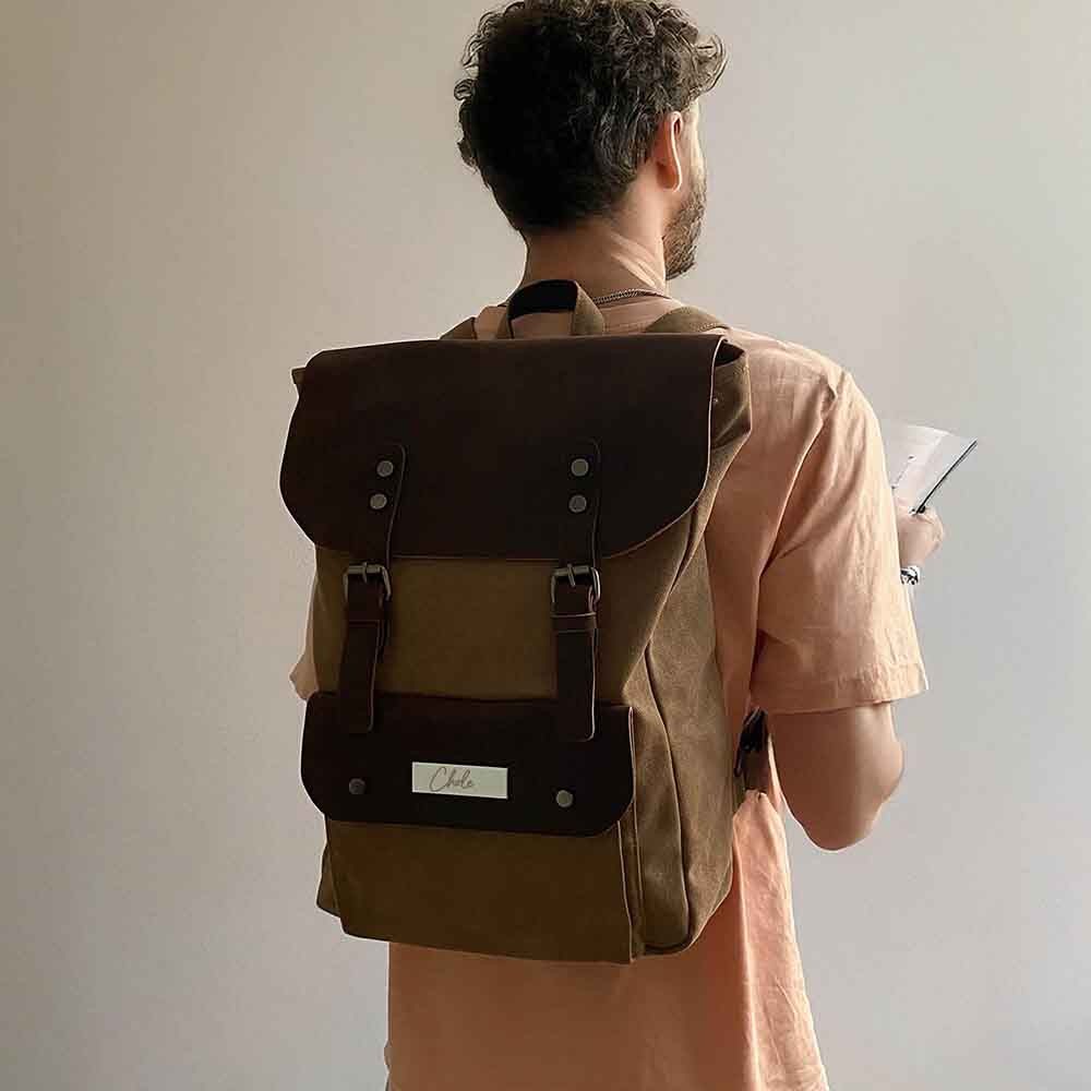 Personalized Name Tag Travel Backpack, Canvas Leather Backpack, Large Capacity Commuter Laptop Backpack, Christmas Gift
