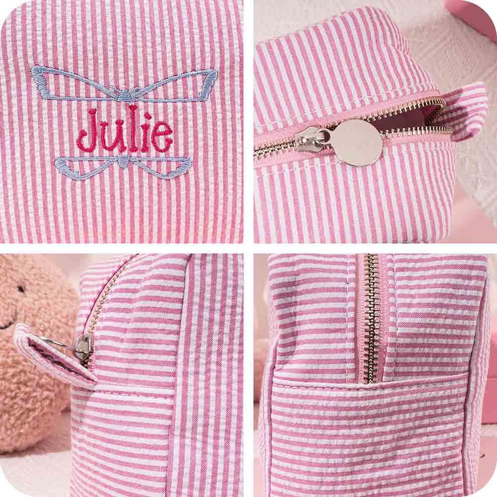 Personalized Seersucker Cosmetic Bag, Customized Pink Cosmetic Bag, Embroidered Cotton Bag, Portable Travel Toiletry Bag, Gift for Her, Christmas Gift